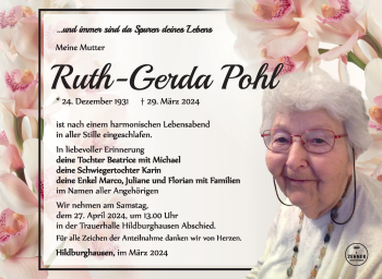 Traueranzeige von Ruth-Gerda Pohl von Südthüringer Presse