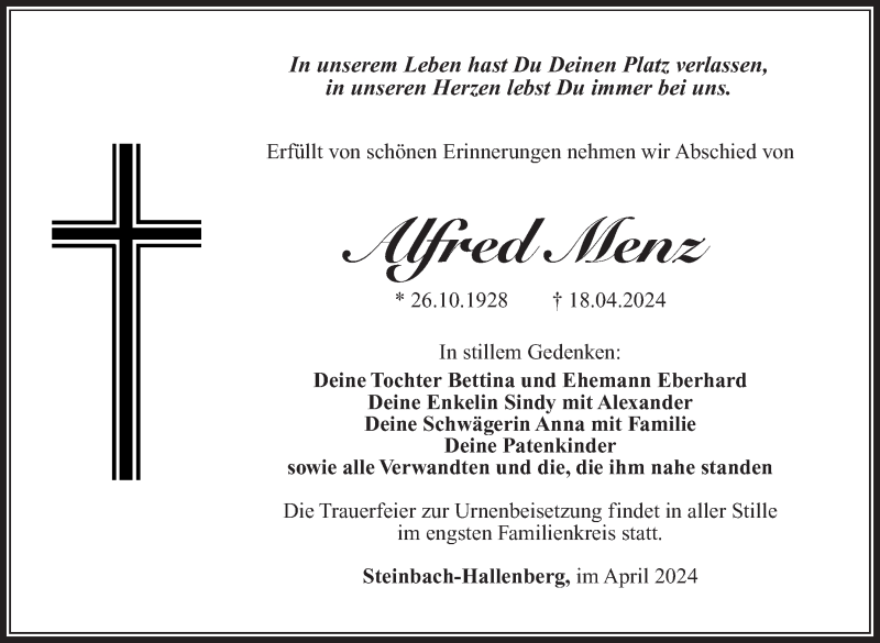  Traueranzeige für Alfred Menz vom 24.04.2024 aus Südthüringer Presse