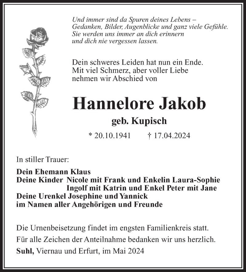  Traueranzeige für Hannelore Jakob vom 27.04.2024 aus Südthüringer Presse