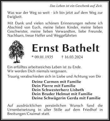Traueranzeige von Ernst Bathelt von Südthüringer Presse
