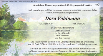 Traueranzeige von Dora Vohlmann von Südthüringer Presse