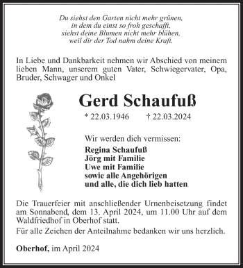 Traueranzeige von Gerd Schaufuß von Südthüringer Presse