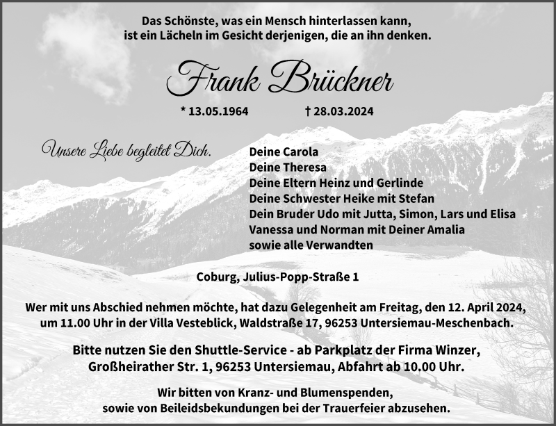 Traueranzeige für Frank Brückner vom 06.04.2024 aus Neue Presse Coburg