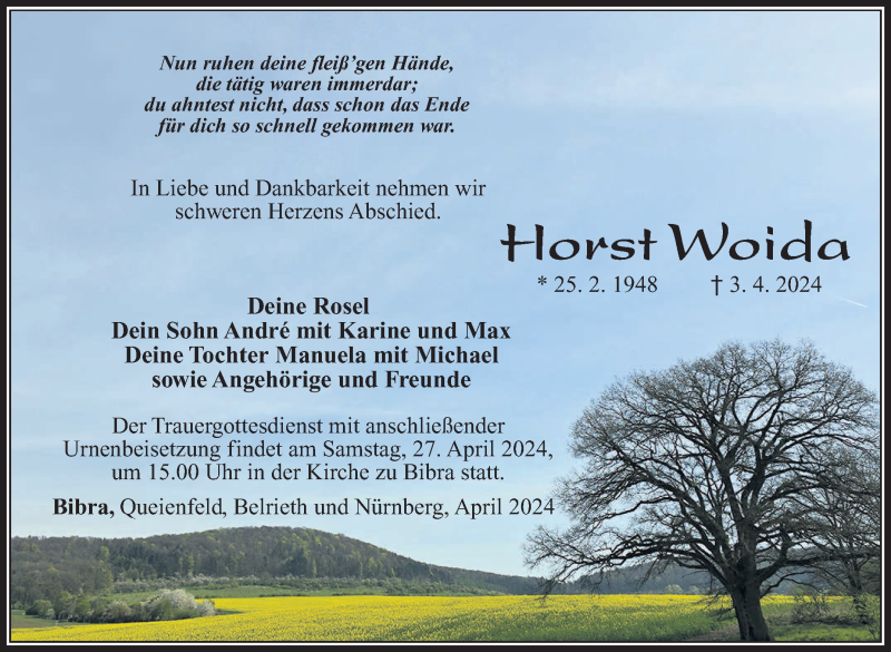  Traueranzeige für Horst Woida vom 25.04.2024 aus Südthüringer Presse