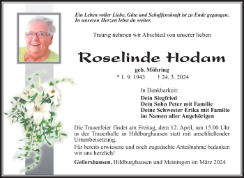 Traueranzeige von Roselinde Hodam von Südthüringer Presse