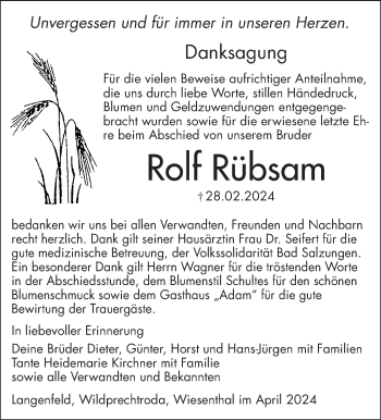 Traueranzeige von Rolf Rübsam von Südthüringer Presse