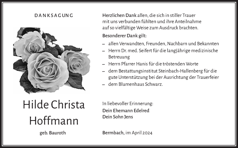  Traueranzeige für Hilde Hoffmann vom 20.04.2024 aus Südthüringer Presse