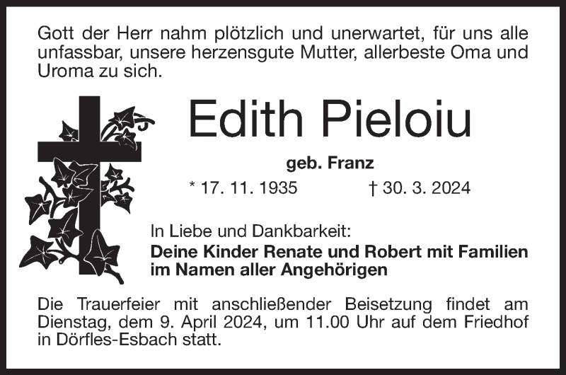  Traueranzeige für Edith Pieloiu vom 06.04.2024 aus Neue Presse Coburg