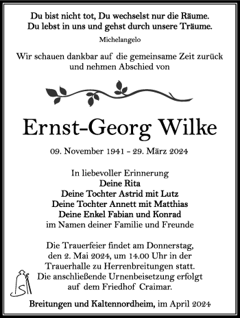 Traueranzeige von Ernst-Georg Wilke von Südthüringer Presse