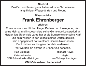 Traueranzeige von Frank Ehrenberger von Südthüringer Presse