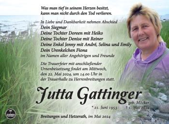 Traueranzeige von Jutta Gattinger von Südthüringer Presse