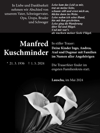 Traueranzeige von Manfred Kuschminder von Südthüringer Presse
