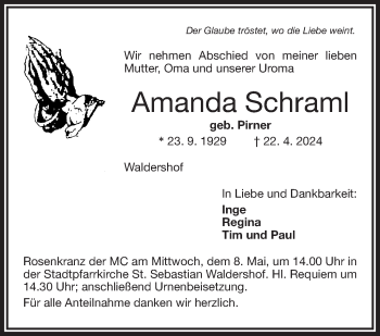 Traueranzeige von Amanda Schraml von Frankenpost