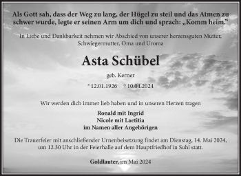 Traueranzeige von Asta Schübel von Südthüringer Presse