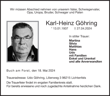 Traueranzeige von Karl-Heinz Göhring von Neue Presse Coburg