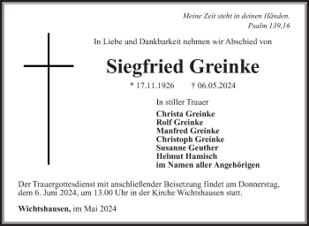 Traueranzeige von Siegfried Greinke von Südthüringer Presse