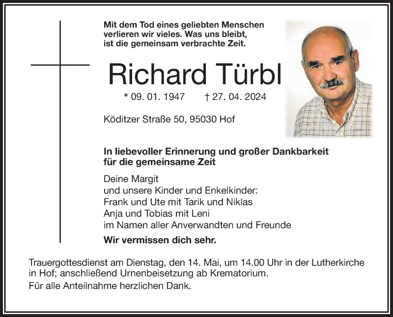  Traueranzeige für Richard Türbl vom 04.05.2024 aus Frankenpost