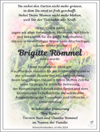 Traueranzeige von Brigitte Rommel von Südthüringer Presse