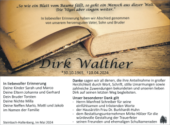 Traueranzeige von Dirk Walther von Südthüringer Presse