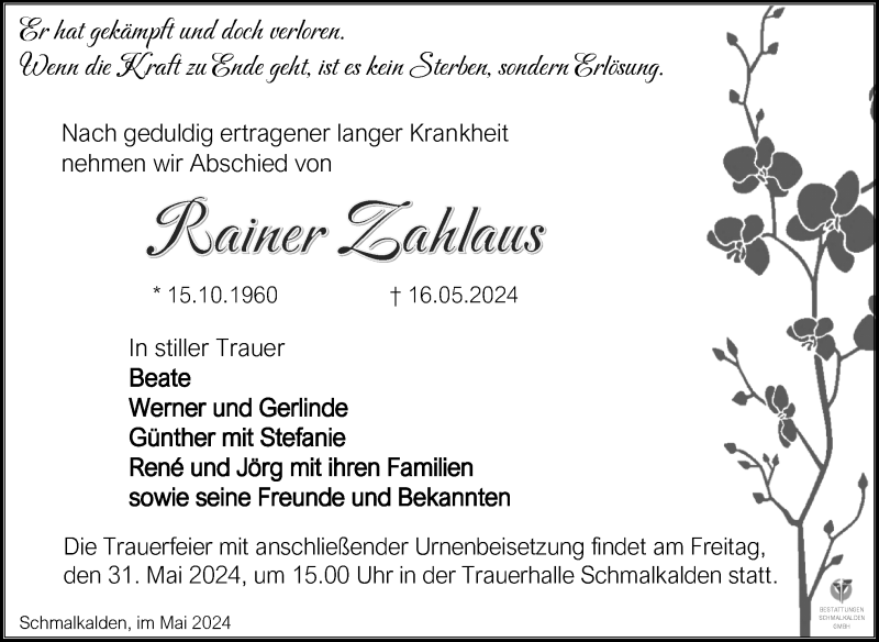  Traueranzeige für Rainer Zahlaus vom 25.05.2024 aus Südthüringer Presse