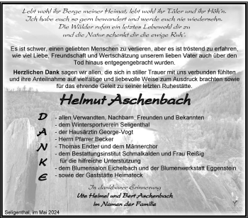 Traueranzeige von Helmut Aschenbach von Südthüringer Presse