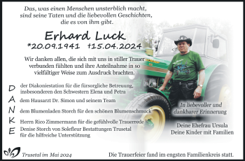 Traueranzeige von Erhard Luck von Südthüringer Presse