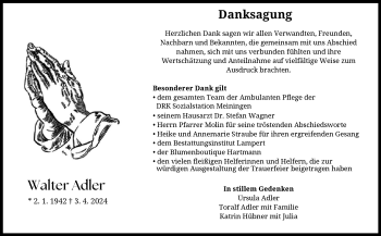 Traueranzeige von Walther Adler von Südthüringer Presse
