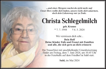 Traueranzeige von Christa Schlegelmilch von Südthüringer Presse