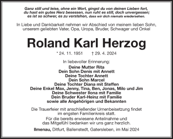Traueranzeige von Roland Herzog von Südthüringer Presse