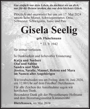 Traueranzeige von Gisela Seelig von Südthüringer Presse