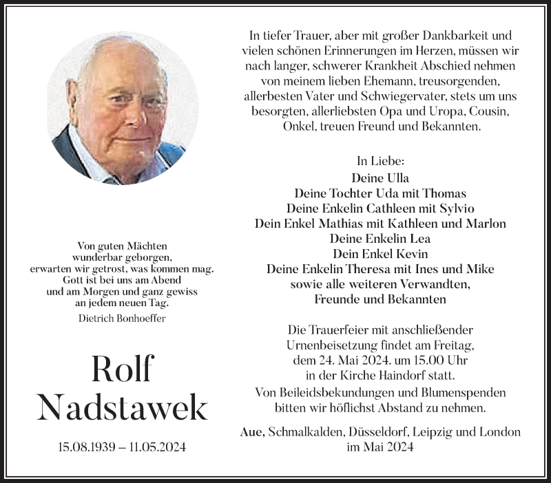  Traueranzeige für Rolf Nadstawek vom 18.05.2024 aus Südthüringer Presse