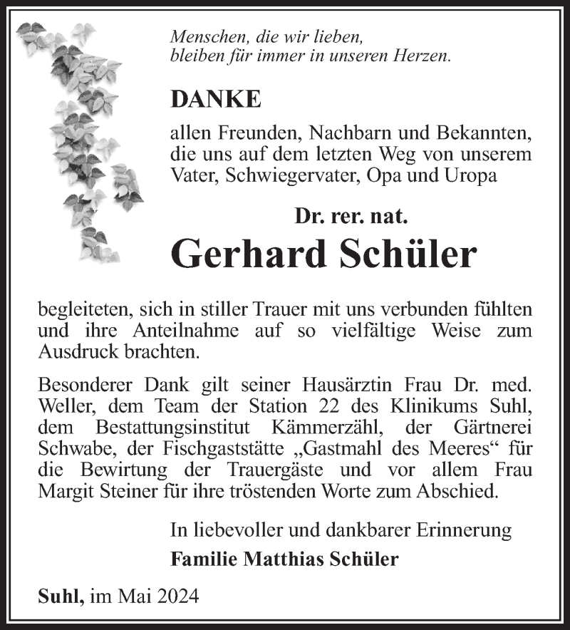  Traueranzeige für Gerhard Schüler vom 04.05.2024 aus Südthüringer Presse