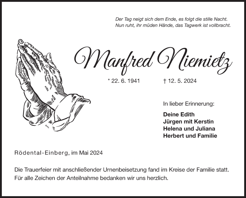  Traueranzeige für Manfred NIemietz vom 25.05.2024 aus Neue Presse Coburg