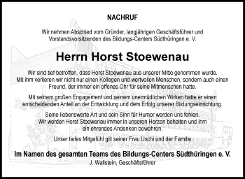 Traueranzeige von Horst Stoewenau von Südthüringer Presse