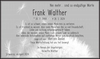 Traueranzeige von Frank Walther von Südthüringer Presse