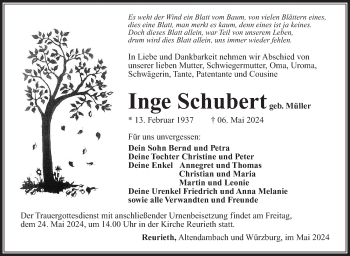 Traueranzeige von Inge Schubert von Südthüringer Presse