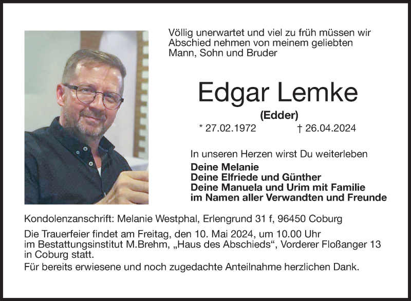  Traueranzeige für Edgar Lemke vom 04.05.2024 aus Neue Presse Coburg
