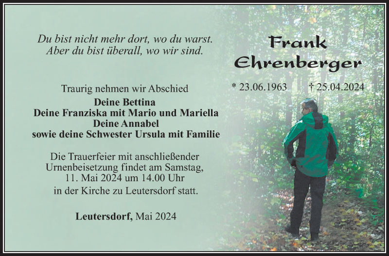  Traueranzeige für Frank Ehrenberger vom 07.05.2024 aus Südthüringer Presse