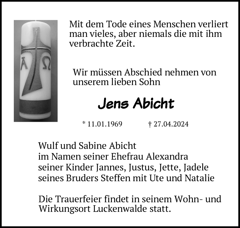  Traueranzeige für Jens Abicht vom 04.05.2024 aus Südthüringer Presse