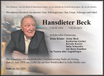 Traueranzeige von Hansdieter Beck von Südthüringer Presse