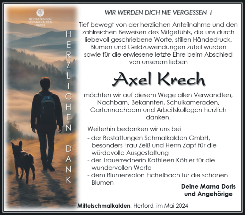  Traueranzeige für Axel Krech vom 11.05.2024 aus Südthüringer Presse