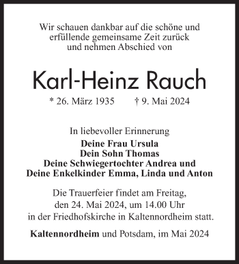 Traueranzeige von Karl-Heinz Rauch von Südthüringer Presse