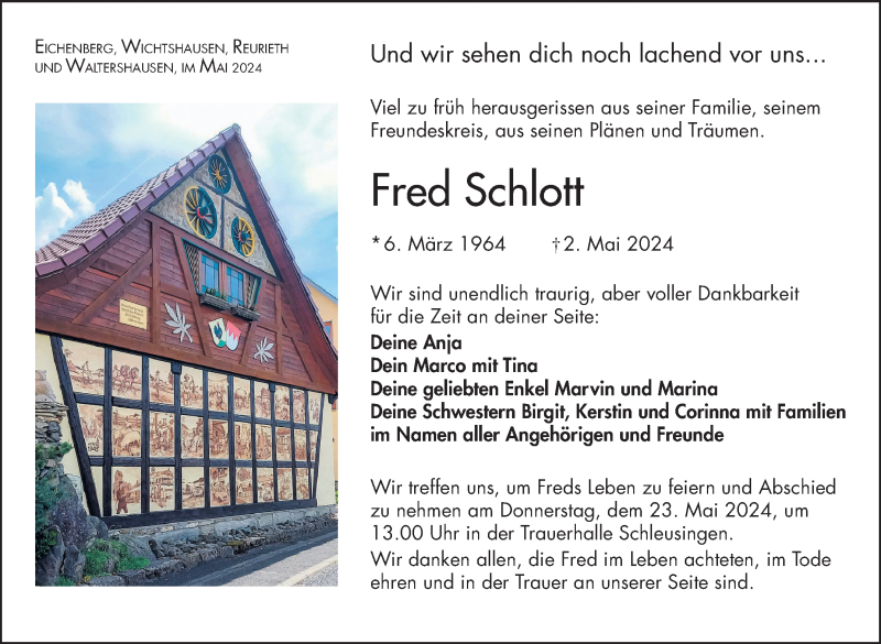  Traueranzeige für Fred Schlott vom 18.05.2024 aus Südthüringer Presse