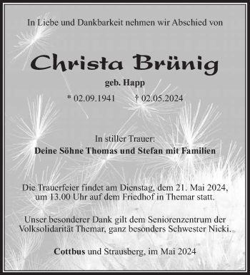 Traueranzeige von Christa Brünig von Südthüringer Presse