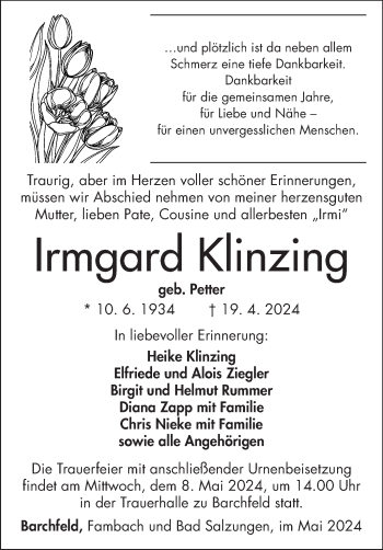 Traueranzeige von Irmgard Klinzing von Südthüringer Presse