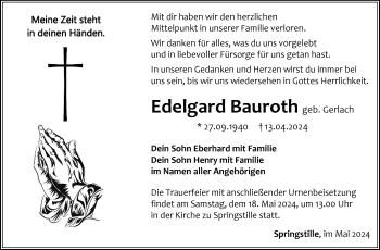Traueranzeige von Eedlgard Bauroth von Südthüringer Presse