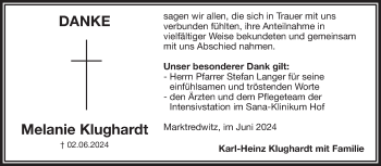 Traueranzeige von Melanie Klughardt von Frankenpost