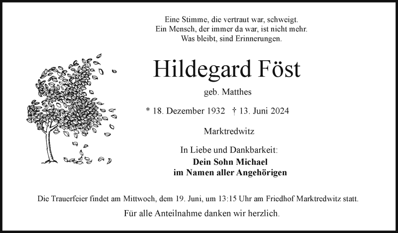  Traueranzeige für Hildegard Föst vom 17.06.2024 aus Frankenpost