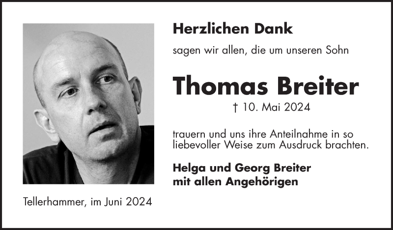  Traueranzeige für Thomas Breiter vom 22.06.2024 aus Südthüringer Presse
