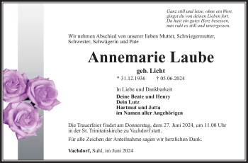 Traueranzeige von Annemarie Laube von Südthüringer Presse